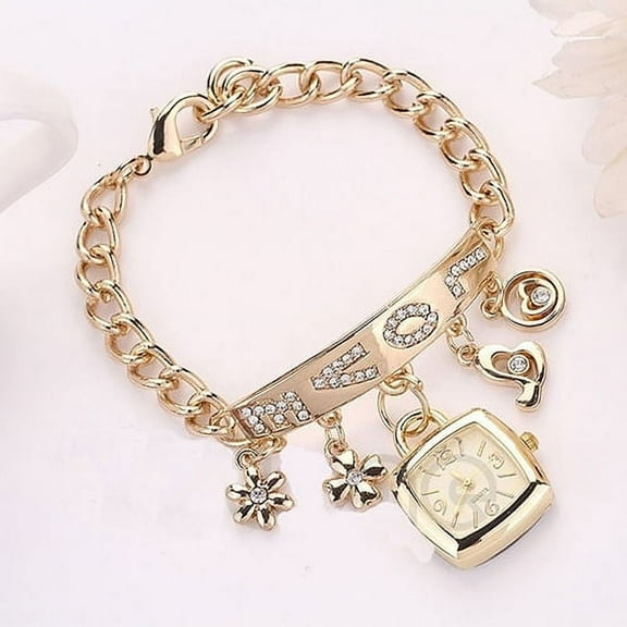UDIYO Women Love Letters Rhinestone Inlaid Chain Bracelet Flower Pendant Wrist Watch
