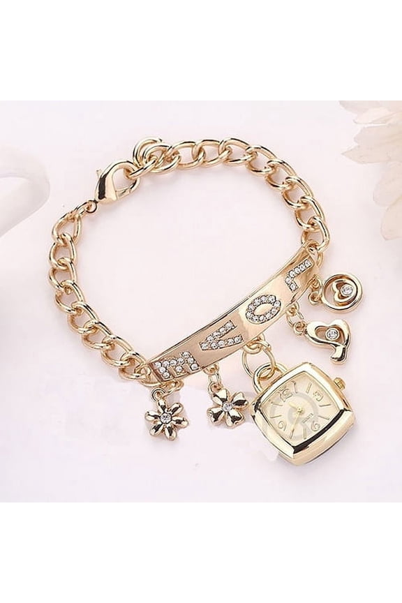 Women Love Letters Rhinestone Inlaid Chain Bracelet Flower Pendant Wrist Watch