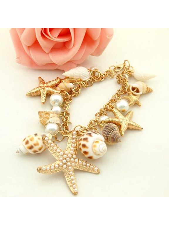 Women Ocean Sea Shell Starfish Faux Pearl Pendant Bracelet Bangle Jewelry Gift