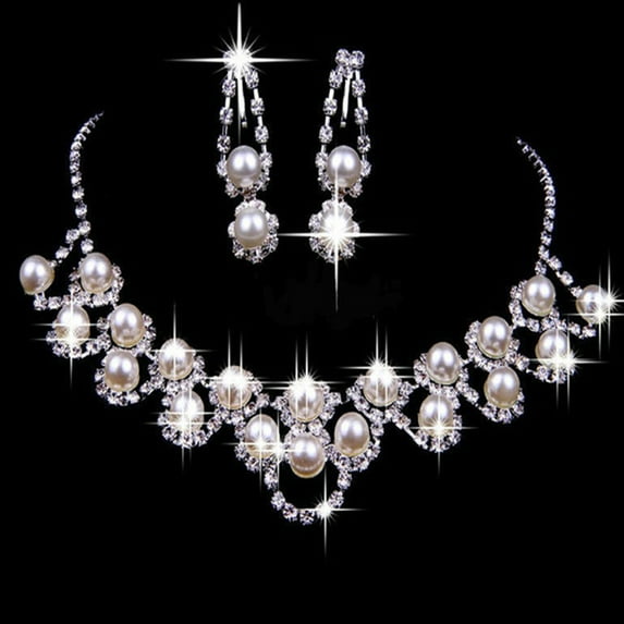 UDIYO Women Palace Style Rhinestone Faux Pearl Pendant Necklace Earrings Jewelry Set