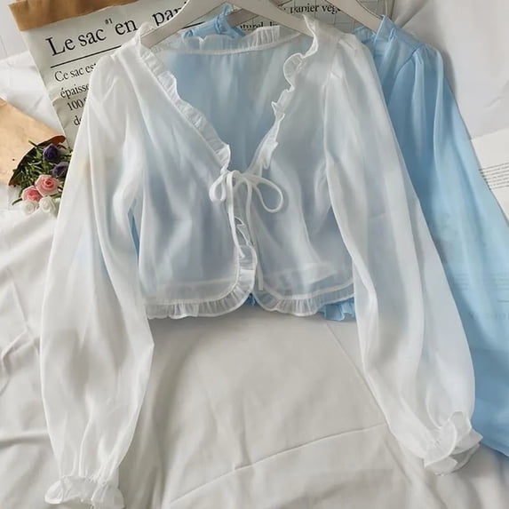 UDIYO Women Thin Coat Solid Color Sun Summer Chiffon Bow knot Cardigan Shirt for Daily Wear Fungus Edge Small Shawl Sunscreen Shirt