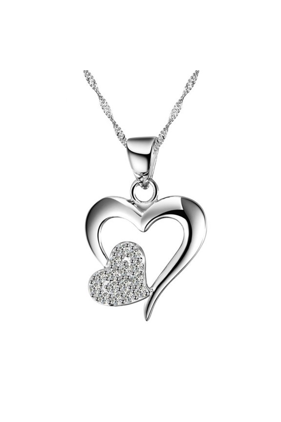 Women Two Love Heart Pendant Rhinestone Silver Plated Clavicle Chain Necklace