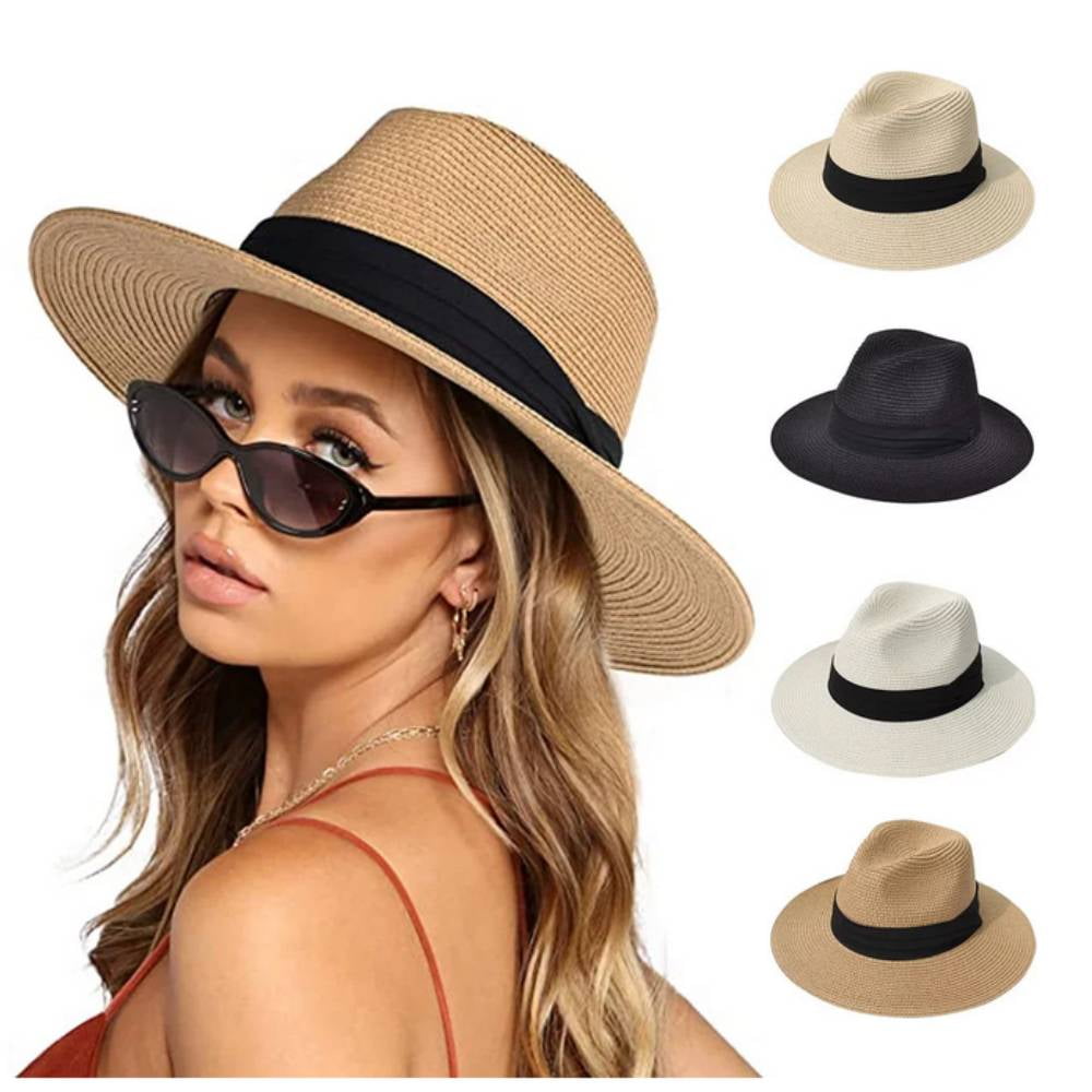 UDIYO Women Wide Brim Straw Panama Roll up Hat Fedora Beach Sun Hat UPF50+  