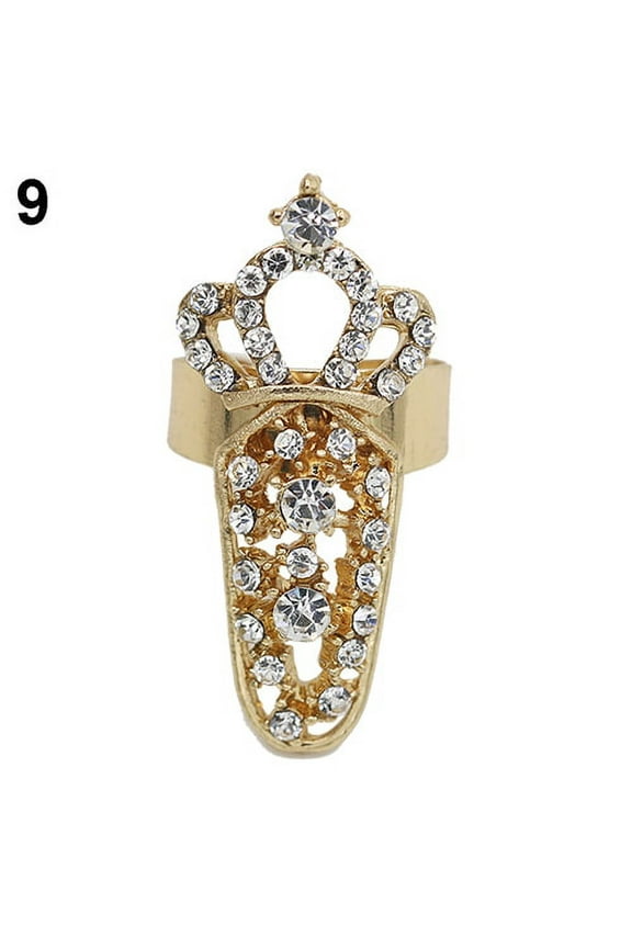 Women's Fashion Rhinestone Flower Crown Bowknot Finger Tip Nail Cover Ring