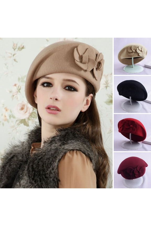 Wool Beret Hat Soft Keep Warm Solid Color French Beret with Dual Flowers Decor