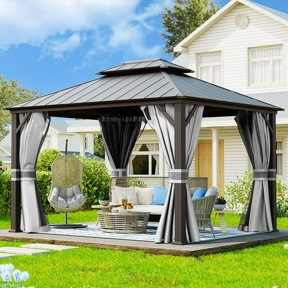 UDPATIO 12' x 10' Hardtop Gazebo, Galvanized Steel Double Roof Permanent Aluminum Gazebo,Grey