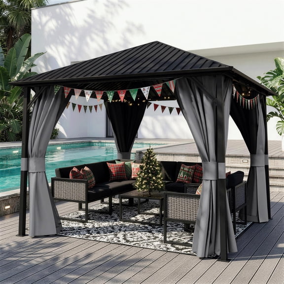 UDPATIO 10'x10' Hardtop Gazebo, Galvanized Steel Roof, Permanent Metal Gazebo for Garden, Outdoor Dining Parties, Grey