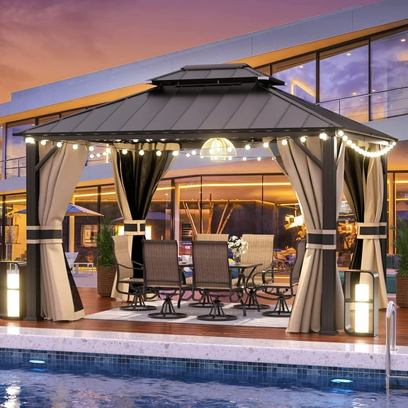 UDPATIO 12' x 10' Hardtop Gazebo, Galvanized Steel Double Roof Permanent Aluminum Gazebo,Khaki