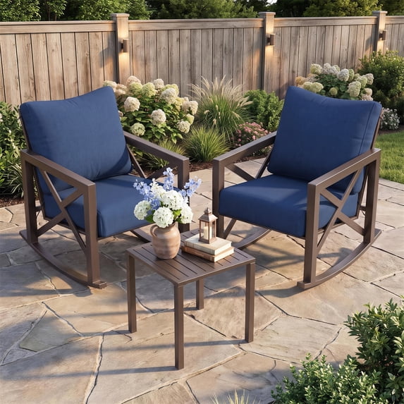 UDPATIO 3-Piece Metal Patio Rocking Chair Set with 2 Outdoor Rockers, 6.5-Inch Olefin Cushions and Coffee Table, 350 lb Capacity, Navy Blue
