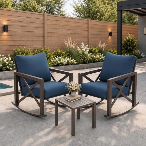 UDPATIO 3-Piece Metal Patio Rocking Chair Set with 2 Outdoor Rockers, 6.5-Inch Olefin Cushions and Coffee Table, 350 lb Capacity, Navy Blue