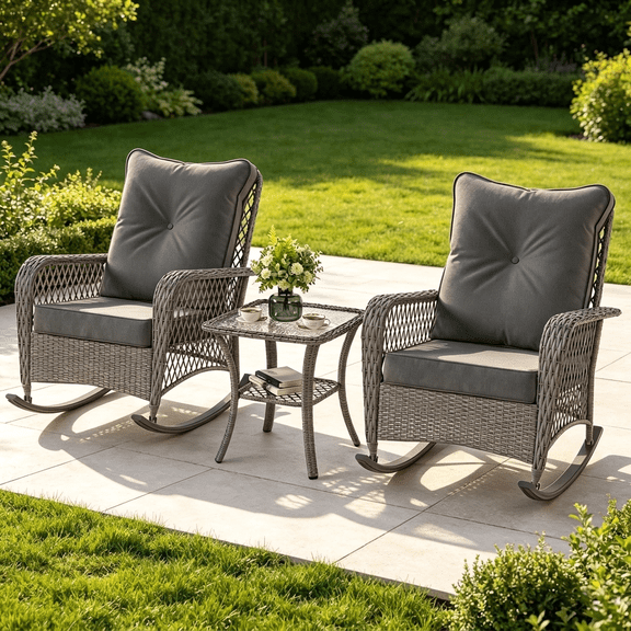 UDPATIO Outdoor PE Wicker Rocking Chair Set, 3 Piece Patio Set with Side Table, Outdoor Furniture Set for Backyard, Porch, Balcony, Poolside, Grey