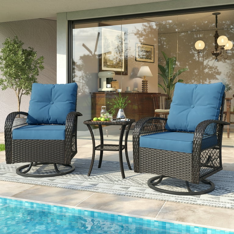 UDPATIO 3 Pieces Patio Furniture Set Outdoor Swivel Gliders Rocker Wicker Patio Bistro Set with Rattan Rocking Chair Glass Top Side Table and