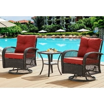 UDPATIO 3 Pieces Patio Furniture Set, Outdoor Swivel Gliders Rocker, Wicker Patio Bistro Set with Rattan Rocking Chair, Glass Top Side Table and Thickened Cushions for Porch Deck Backyard (Red)