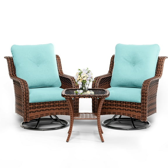 UDPATIO 3 Pieces Patio Furniture Set, Outdoor Swivel Gliders Rocker, Wicker Patio Bistro Set with Rattan Rocking Chair, Glass Top Table and Thickened Cushions for Porch Deck Backyard (Light Blue)