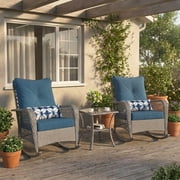 UDPATIO 3 Piece Patio Set Rocking, Rattan Outdoor Rocking Patio Bistro Set with 2 Rockers and 1 Side Table with 4  Thick Cushions for Backyard, Porch, Balcony, PoolsideBlue