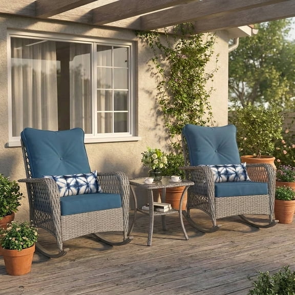 UDPATIO 3 Piece Patio Set Rocking, Rattan Outdoor Rocking Patio Bistro Set with 2 Rockers and 1 Side Table with 4‘’ Thick Cushions for Backyard, Porch, Balcony, Poolside(Blue)