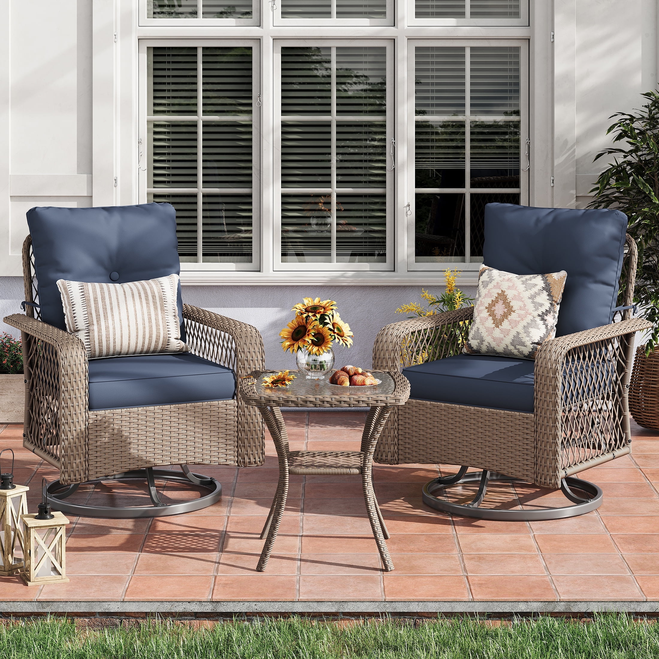 The Coupon deal of  UD Patio 3-Piece Patio Furniture Set, Outdoor Swivel Glider Rocker, Wicker Bistro Set, Blue