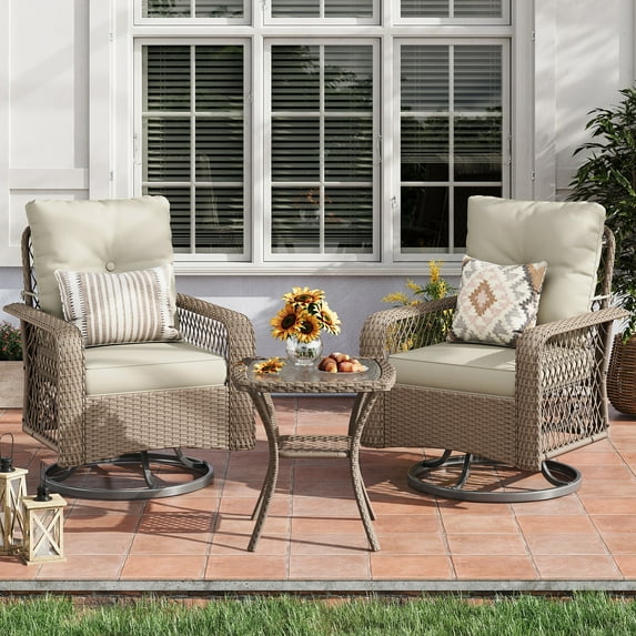 UDPATIO 3 Pieces Patio Furniture Set, Outdoor Swivel Gliders Rocker, Wicker Patio Bistro Set with Rattan Rocking Chair, Glass Top Side Table and Thickened Cushions for Porch Deck Backyard (Cream)