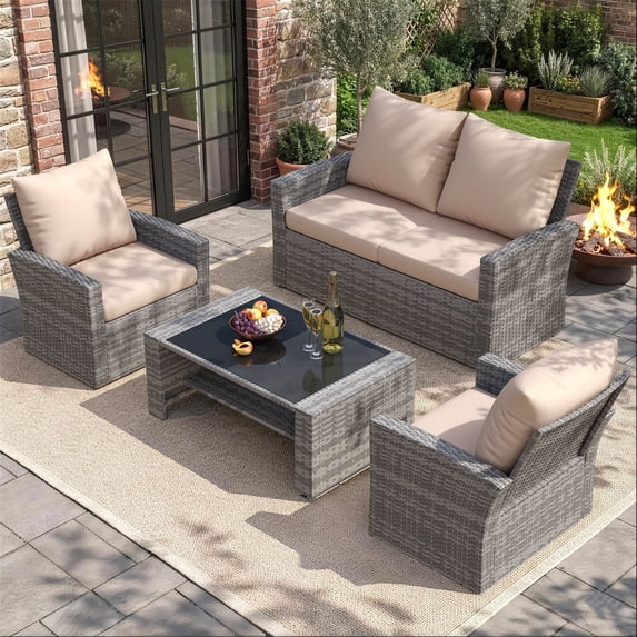 UDPATIO 4 Piece Outdoor Sectional Conversation Sets, Wicker Patio Furniture Set with Gray PE Rattan Patio Sofa Set for Balcony, Porch, Backyard, Beige