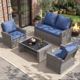 thumbnail image 1 of UDPATIO 4 Piece Outdoor Sectional Conversation Sets， Wicker Patio Furniture Set with Gray PE Rattan Patio Sofa Set for Balcony, Porch, Backyard, Blue, 1 of 8