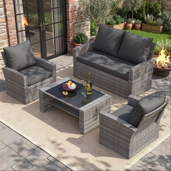 UDPATIO 4 Piece Outdoor Sectional Conversation Sets, Wicker Patio Furniture Set with Gray PE Rattan Patio Sofa Set for Balcony, Porch, Backyard, Gray