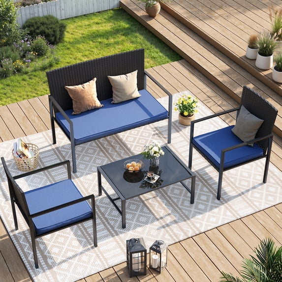 UDPATIO 4 Piece Patio Furniture Sets, Outdoor Conversation Sets of 4, 4 Pieces Wicker Patio Furniture Set with Coffee Table, Navy Blue