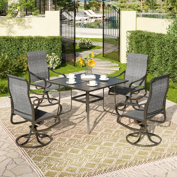 UDPATIO 5-Piece Outdoor Dining Set with High-Back Swivel Chairs & Iron Square Table for 4-Person, Black & Dark Grey