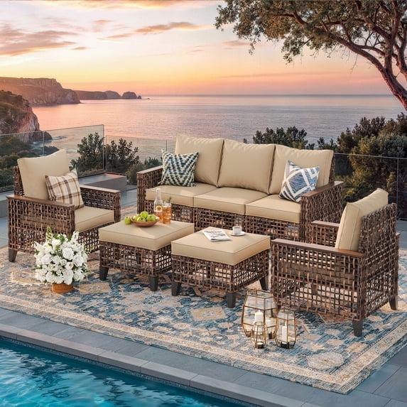 UDPATIO 5-Piece Outdoor Patio Furniture Set, Outdoor Conversation Set,Wicker Rattan Sofa Set with Ottoman, Garden Conversation Seating Set for Backyard,Brown Wicker Furniture with Khaki Cushions