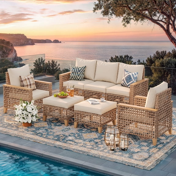 UDPATIO 5-Piece Outdoor Patio Furniture Set, Outdoor Conversation Set,Wicker Rattan Sofa Set with Ottoman, Garden Conversation Seating Set for Backyard,Yellow Wicker Furniture with Beige Cushions