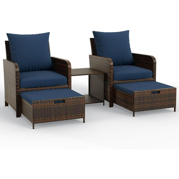 UDPATIO 5 Piece Patio Furniture Set, Outdoor Patio Conversation Rattan Chair with Ottomans w/Storage Coffee Table for Patio, Space Saving Design for Balcony Poolside Front Porch Deck, Navy