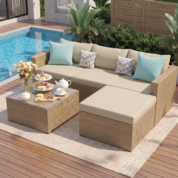 UDPATIO 5-Piece Wicker Patio Furniture Set,All-Weather Rattan Wicker Outdoor Sectional Sofa Set with Ottoman, Patio Conversation Set for Garden & Backyard,Cream White