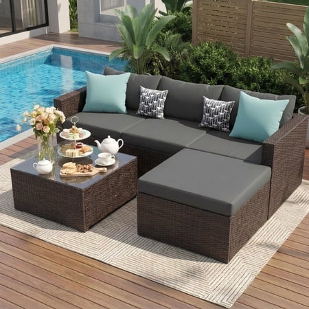 UDPATIO 5-Piece Patio Furniture Set,All-Weather Rattan Wicker Outdoor Sectional Sofa Set with Ottoman, Patio Conversation Set for Garden & Backyard,Gray