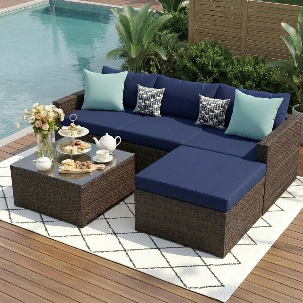 UDPATIO 5-Piece Patio Furniture Set,Outdoor Patio Furniture Set All-Weather Rattan Wicker Patio Conversation Set with Ottoman, Cushions & Glass Table for Garden & Backyard,Navy Blue