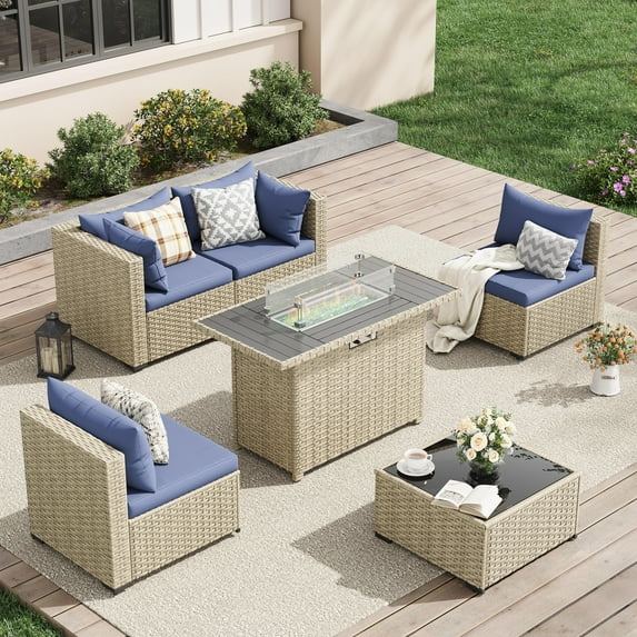 UDPATIO 5 Pieces Outdoor Patio Furniture Set with 44" Fire Pit Table, Outdoor Wicker Patio Conversation Set with Cushions for Backyard, Porch, Garden(Haze Blue)