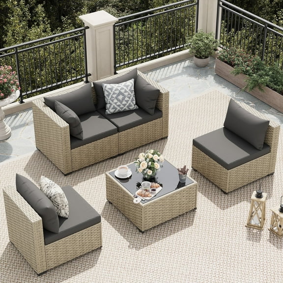 UDPATIO 5 Pieces Outdoor Patio Furniture Set, Outdoor Wicker Patio Conversation Set with Cushions for Backyard, Porch, Garden(Gray)