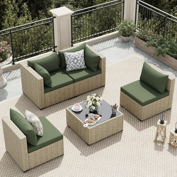 UDPATIO 5 Pieces Outdoor Patio Furniture Set, Outdoor Wicker Patio Conversation Set with Cushions for Backyard, Porch, Garden(Green)
