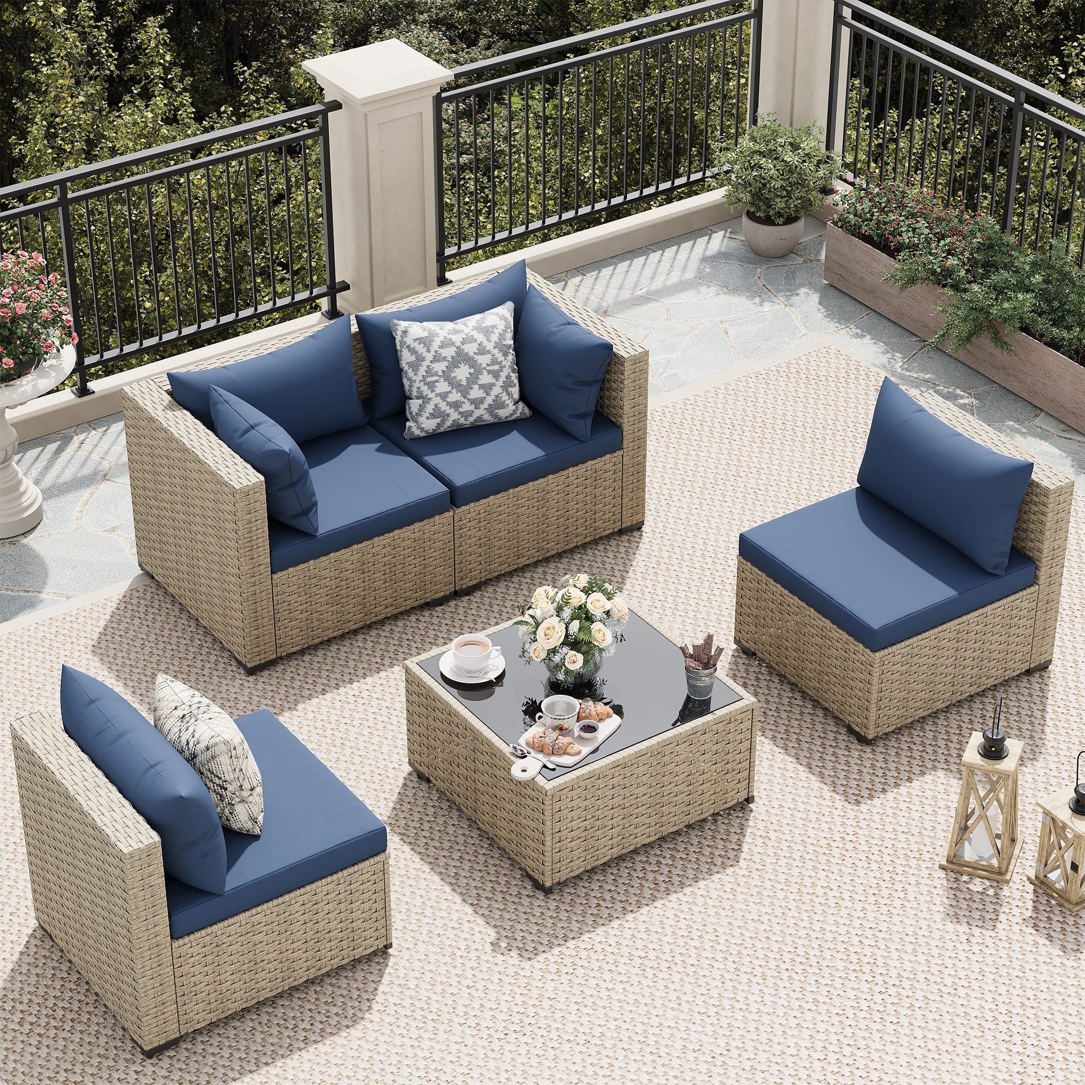 UDPATIO 5 Pieces Outdoor Patio Furniture Set, Outdoor Wicker Patio Conversation Set with Cushions for Backyard, Porch, Garden(Navy)