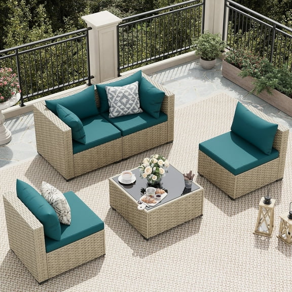 UDPATIO 5 Pieces Outdoor Patio Furniture Set, Outdoor Wicker Patio Conversation Set with Cushions for Backyard, Porch, Garden(Peacock Blue)