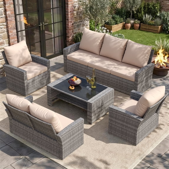 UDPATIO 5-piece Wicker Patio Furniture Set,Multiple combination sofa sets,Gray PE Rattan Patio Sofa Set for Balcony, Porch, Backyard, Beige