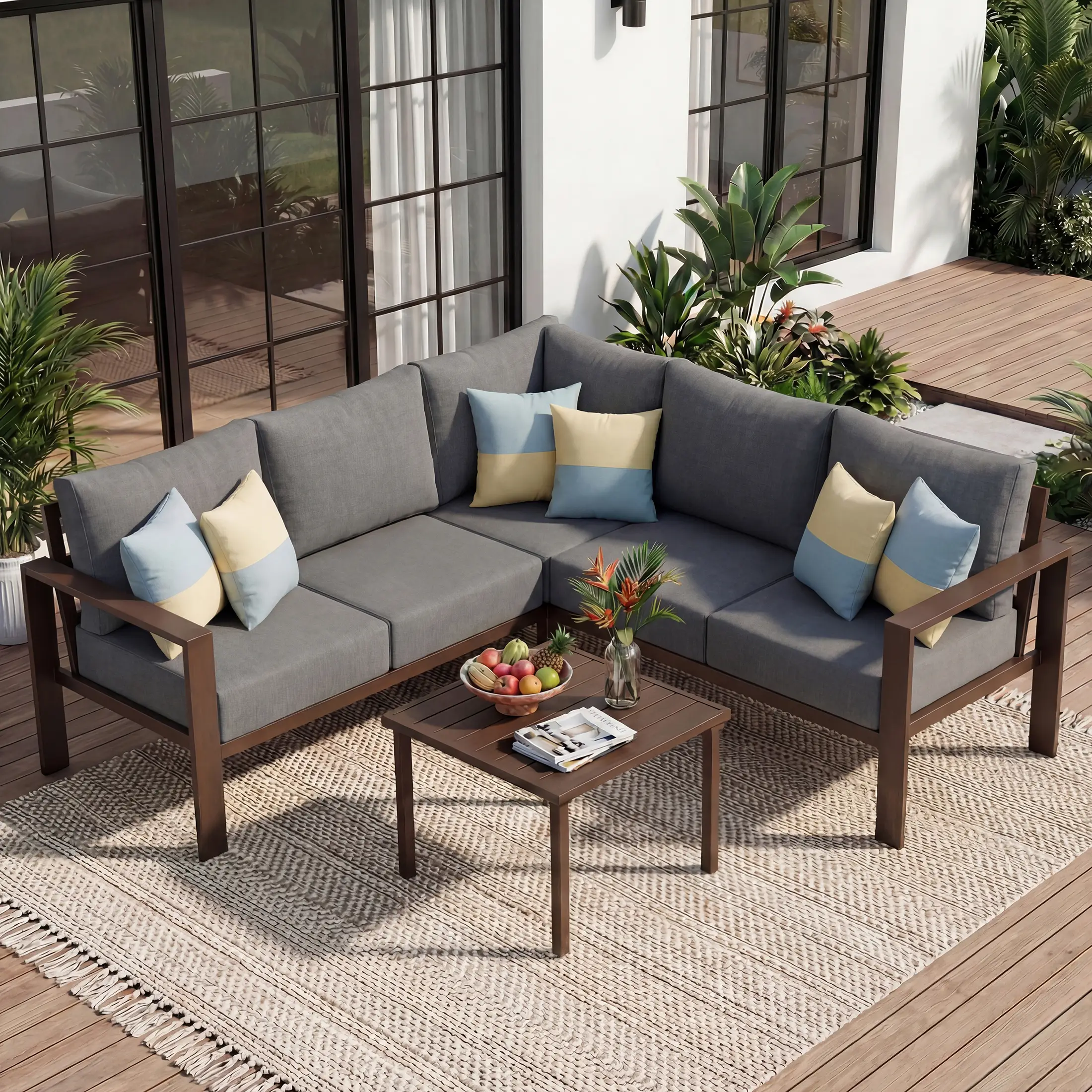 UDPATIO 6-Piece Outdoor Patio Furniture Set, Metal L-Shape Sectional Sofa with 6" Thick Olefin Cushions, Wide Armrest & Coffee Table, Grey for Garden, Backyard