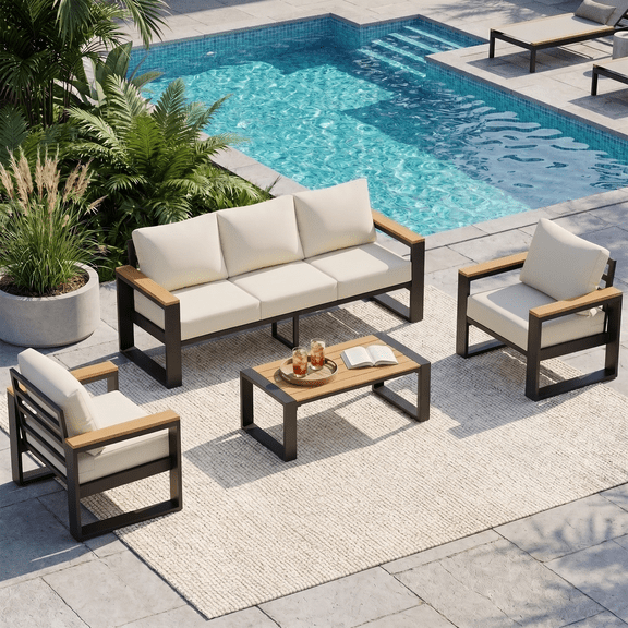 UDPATIO 6 Piece Patio Furniture Set, Outdoor Conversation Sets with Washable Thick Cushions, Coffee Table, Modern Patio Furniture Set, Beige