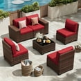 thumbnail image 1 of UDPATIO 6-Piece Patio Furniture Set, Outdoor Patio Sofa Set With Wide Armrest, All-Weather Wicker Rattan Guest Set With Cushion And Glass Table And Waterproof Cover,Brown & Wine Red, 1 of 8