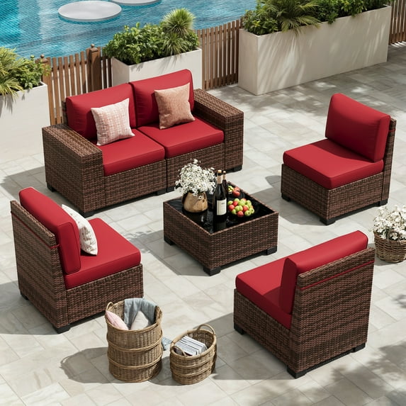 UDPATIO 6-Piece Patio Furniture Set, Outdoor Patio Sofa Set With Wide Armrest, All-Weather Wicker Rattan Guest Set With Cushion And Glass Table And Waterproof Cover,Brown & Wine Red
