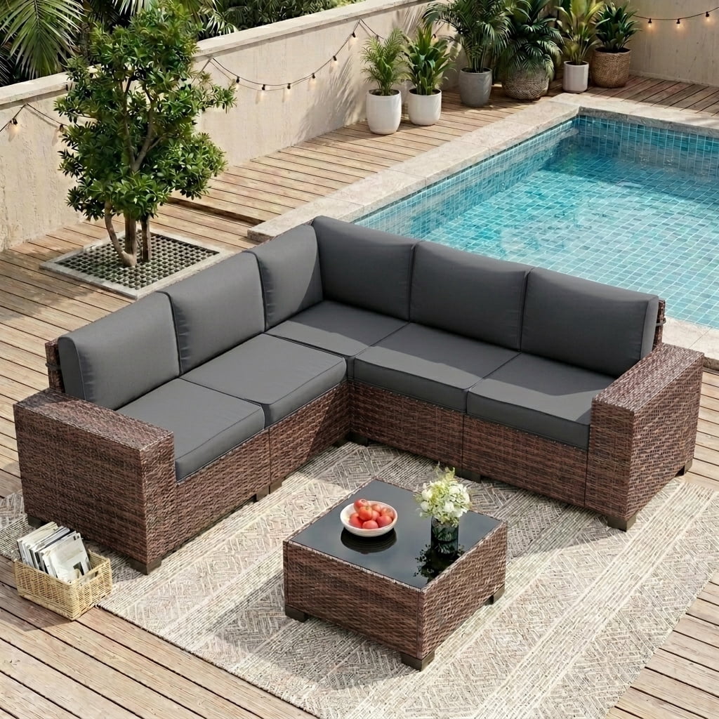UDPATIO 6-Piece Patio Furniture Set, Outdoor Patio Sofa Set With Wide Armrest, All-Weather Wicker Rattan Guest Set With Cushion And Glass Table And Waterproof Cover, Brown & Dark Grey