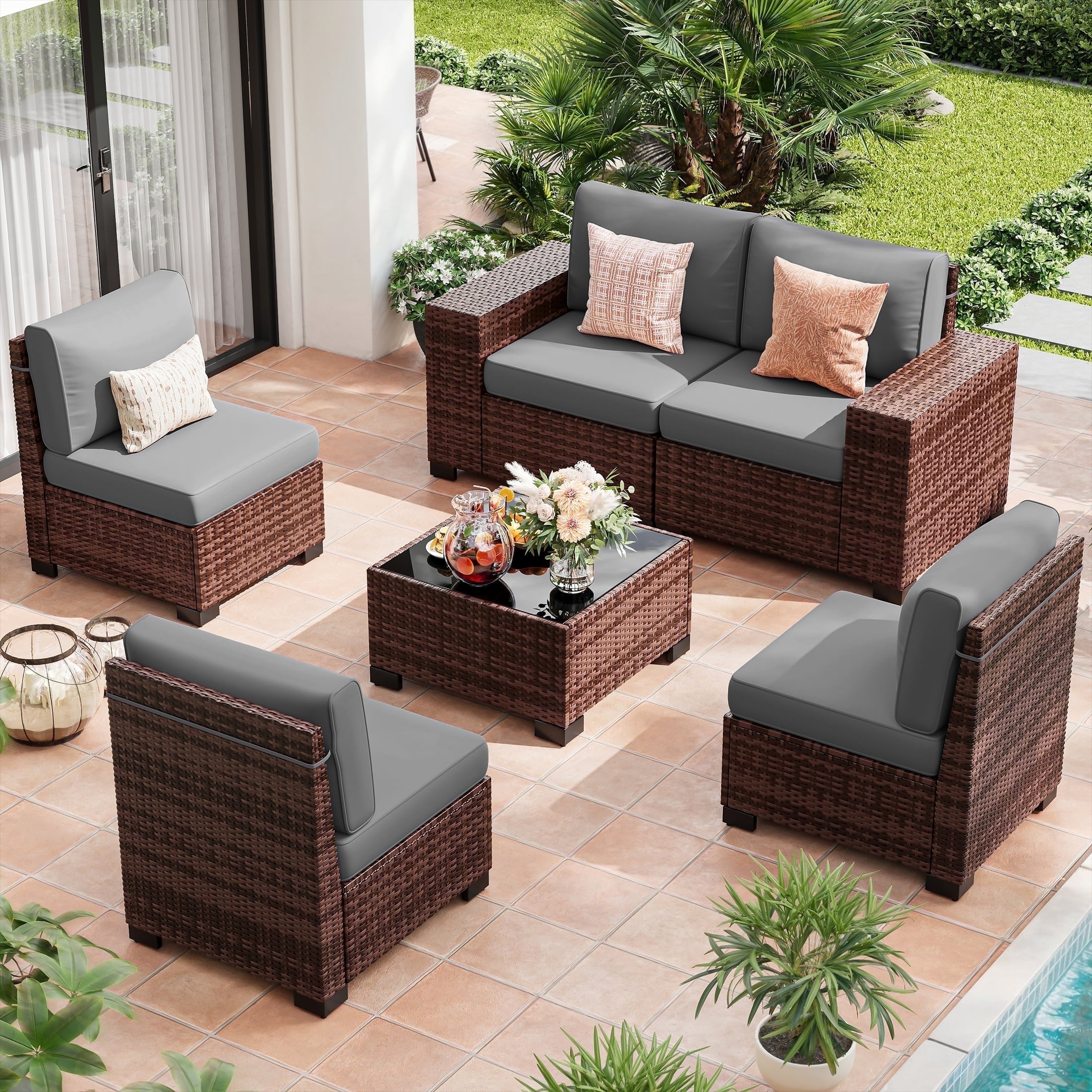 UDPATIO 6-Piece Patio Furniture Set, Outdoor Patio Sofa Set With Wide Armrest, All-Weather Wicker Rattan Guest Set With Cushion And Glass Table And Waterproof Cover, Brown & Dark Grey