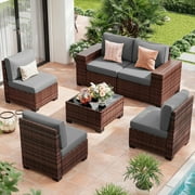 UDPATIO 6-Piece Patio Furniture Set, Outdoor Patio Sofa Set With Wide Armrest, All-Weather Wicker Rattan Guest Set With Cushion And Glass Table And Waterproof Cover, Brown & Dark Grey