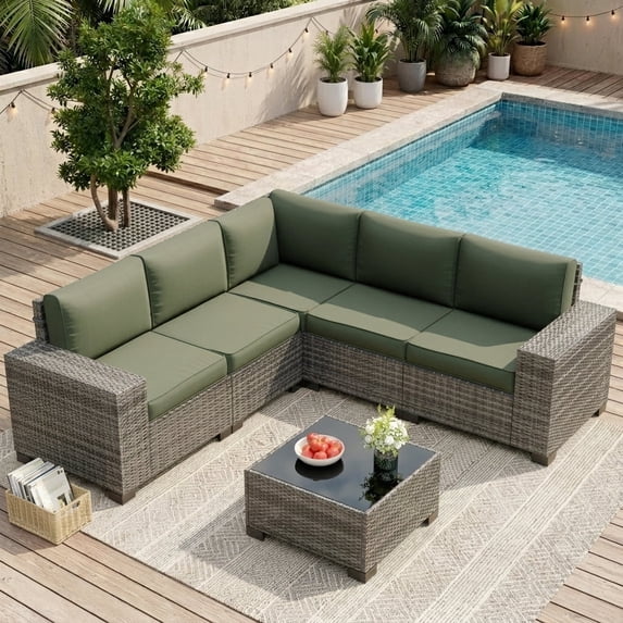 UDPATIO 6-Piece Patio Furniture Set, Outdoor Patio Sofa Set With Wide Armrest, All-Weather Wicker Rattan Guest Set With Cushion And Glass Table And Waterproof Cover, Grey &Green