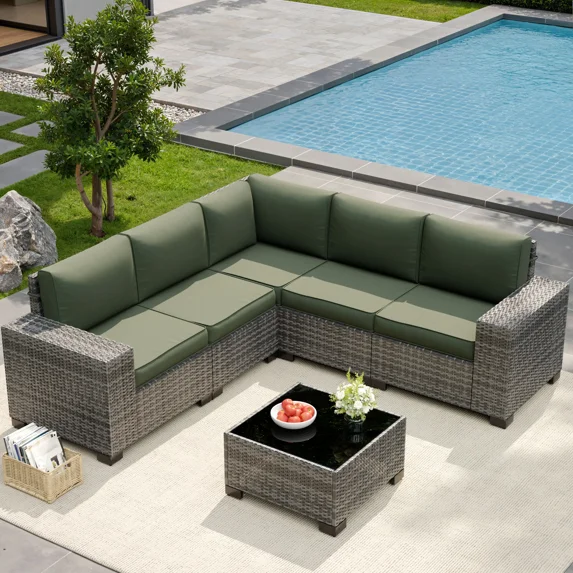 UDPATIO 6-Piece Patio Furniture Set, Outdoor Patio Sofa Set With Wide Armrest, All-Weather Wicker Rattan Guest Set With Cushion And Glass Table And Waterproof Cover, Grey & Dark Grey