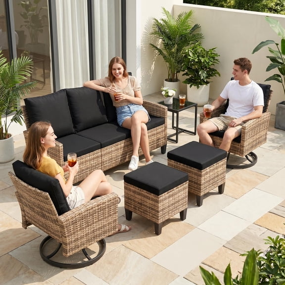 UDPATIO 6 Pieces Outdoor Conversation Set, All-Weather Wicker Rattan Patio Furniture Sofa Set with Ottoman and Swivel Chairs for Poolside, Backyard，Yellow Brown Wicker Black Cushions