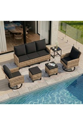 6 Pieces Outdoor Conversation Set, All-Weather Wicker Rattan Patio Furniture Sofa Set with Ottoman and Swivel Chairs for Poolside, Backyard,Yellow Brown Wicker Black Cushions